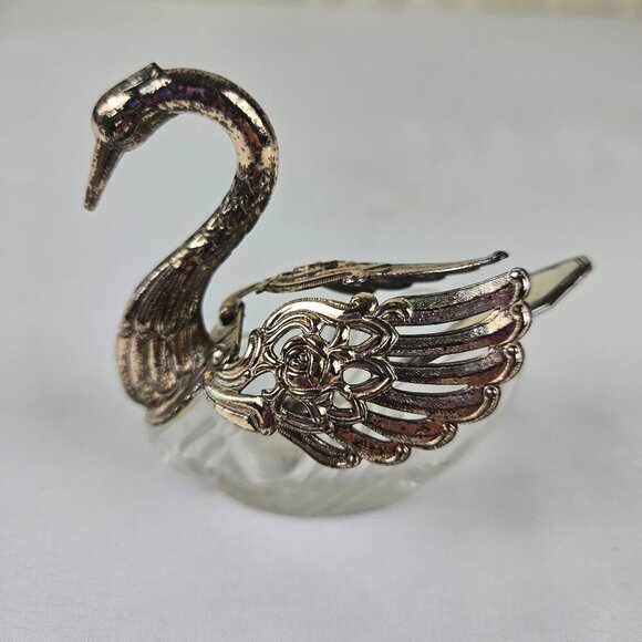 None Other - Vintage Swan Salt Cellar/Sugar Bowl with Spoon Glass and Silverplate